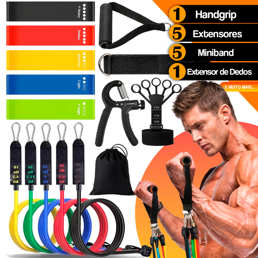 Kit Treino Em Casa 11 Extensor Elástico + Kit 5 Mini Band + Extensor dedos + Hand grip em Oferta na Shopee