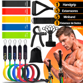 Kit Treino Em Casa 11 Extensor Elástico + Kit 5 Mini Band + Extensor dedos + Hand grip