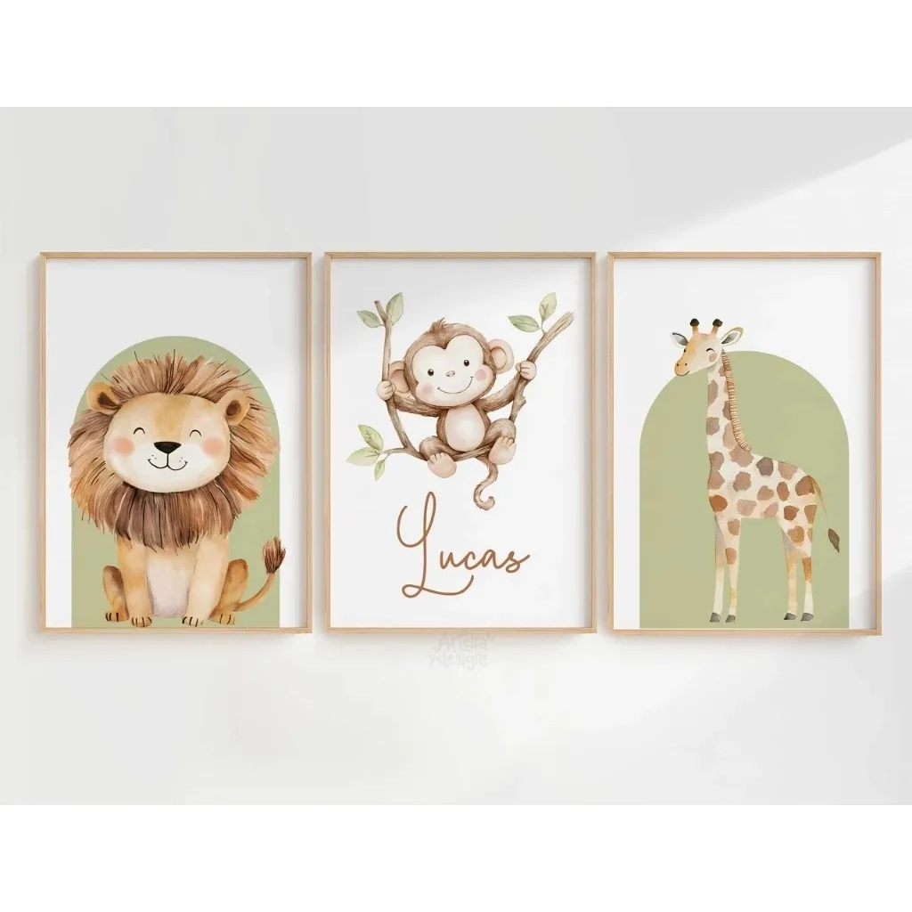 Kit 3 Quadros Decorativos 60x40 Safari Fundo Verde Com Nome Verde Marrom