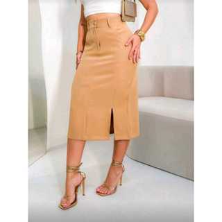 Saia Femenina Monocrática Alfaiataria com Fenda • Linha Premium • Cintura Alta e Bolsos Laterais em Oferta na Shopee