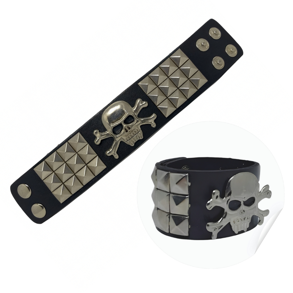 Pulseira Caveira Couro Sintético Pirata Piramide Punk Rock Emo Gótico