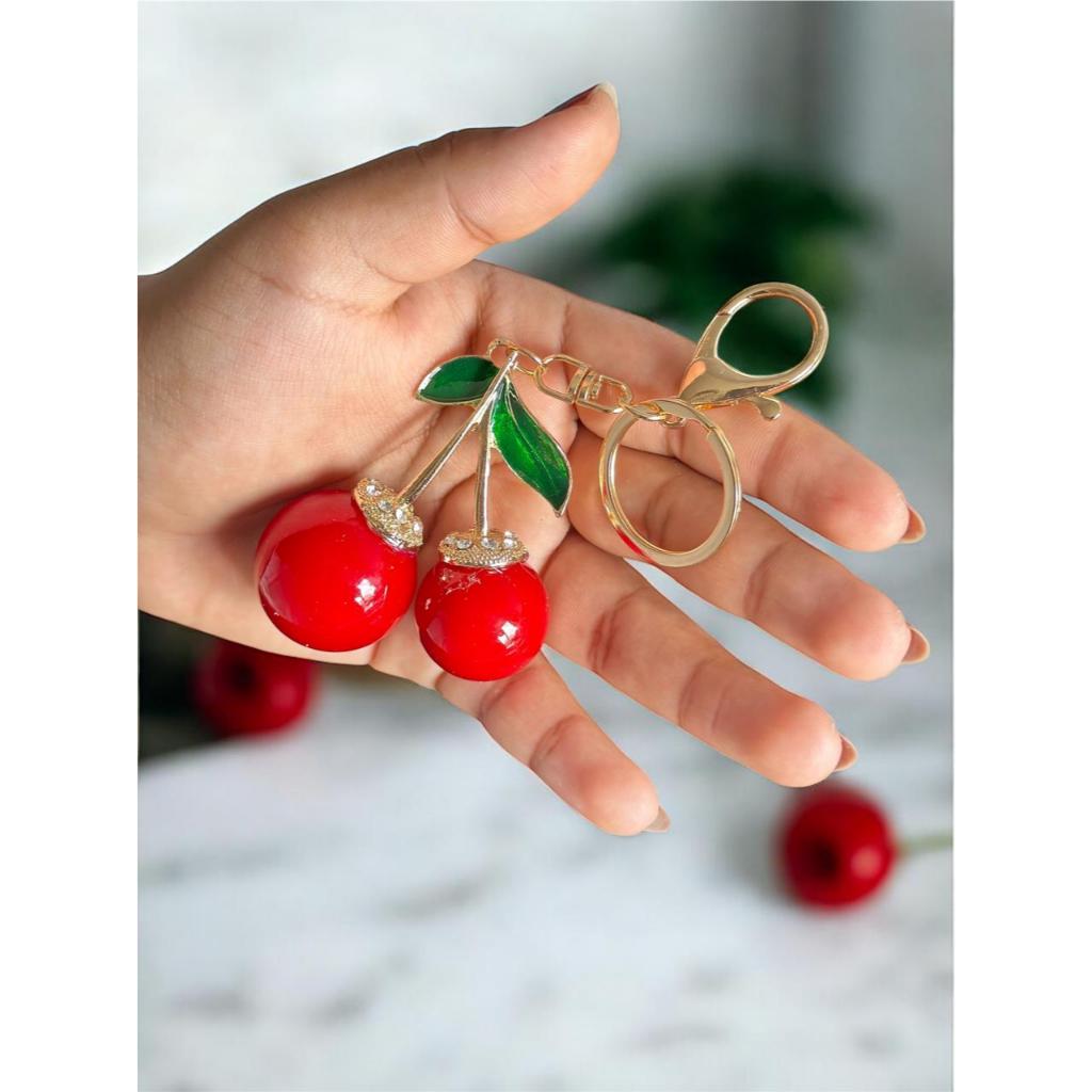 Chaveiro de Cereja Femenino Fofo Kawaii Cristais,Pingente Fruta mosquetão Dourado, Brilhante.