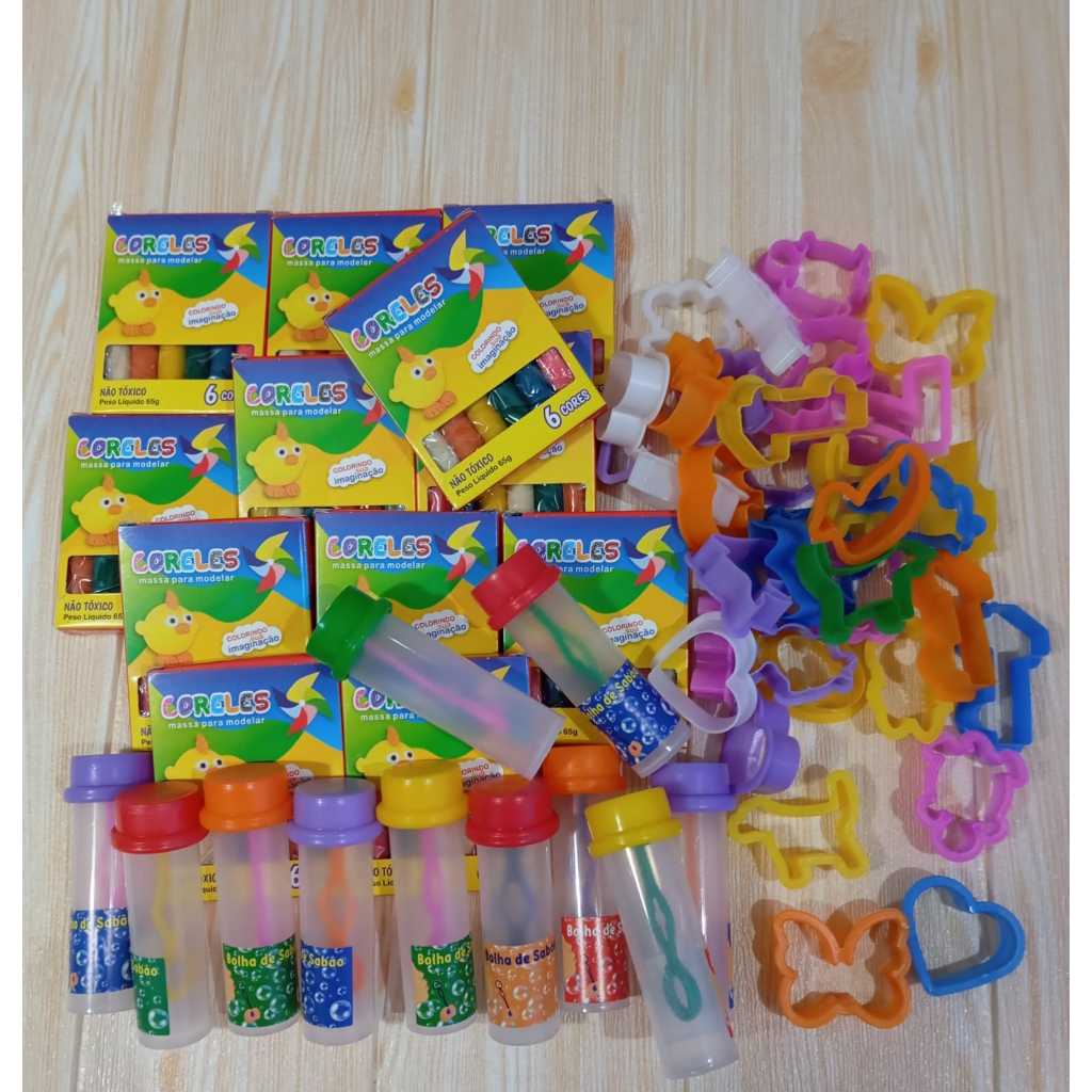 Kit 15 Cx Massinha de Modelar + 15 Cortadores de Massinha + 15 Tubetes Bolha de Sabão Lembrancinha Festa Prenda
