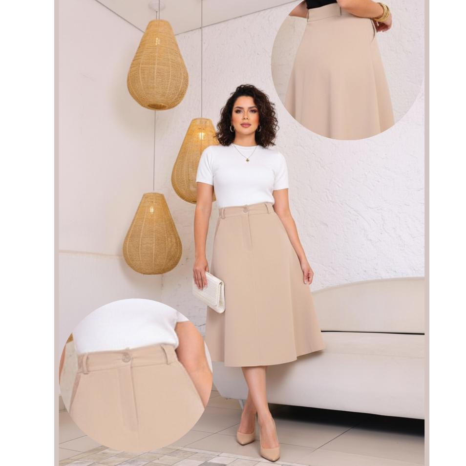 Saia Midi Alfaiataria Formato A com Zíper e Botão – Elegante e Confortável