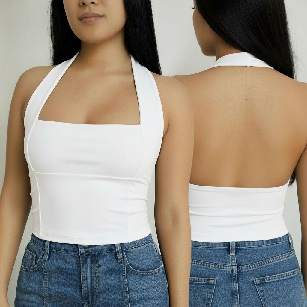 Blusa Regata Feminina Top Halter Decote Frente Único Costas Nuas Efeito Silicone Toque POLIAMIDA