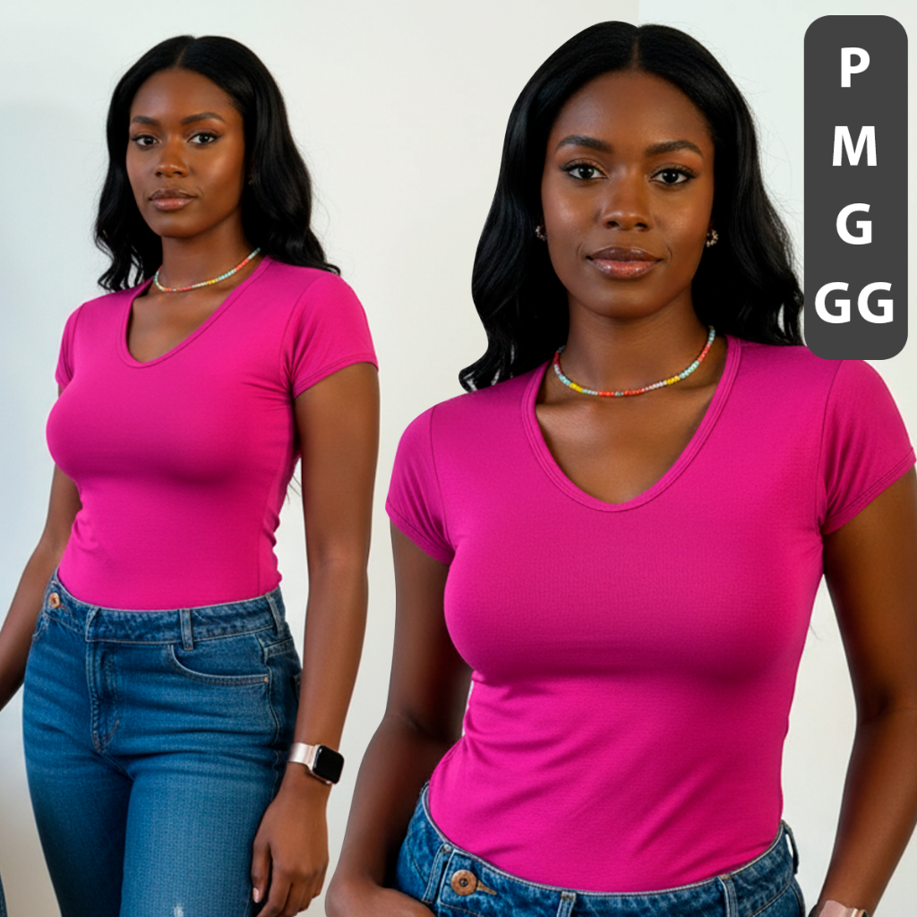 Blusa Feminina Camiseta Baby Look Feminina Com Manga Curta Básica Viscolycra Lisa Básica Rosa Pink