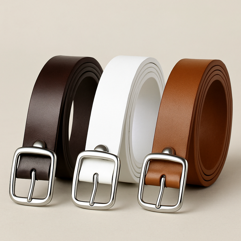 Kit 3 Cintos Feminino Fivela Metalizada Prata Em Couro Sintético Minimalista