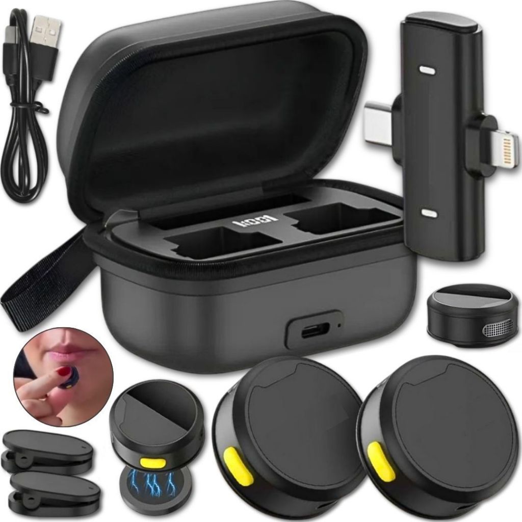 Microfone De Lapela Duplo Sem Fio Com Redução Ruido Alta Qualidade Tipo-C Lightning Android Iphone