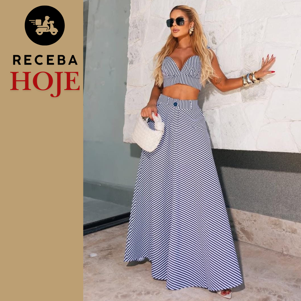 Conjunto Listrado Feminino Elegante Tricoline Saia Longa e Cropped Listras Tendência Moda Verão Luxo