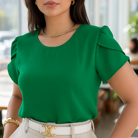 Blusa Feminina Manga Princesa Gola Redonda Casual Elegante