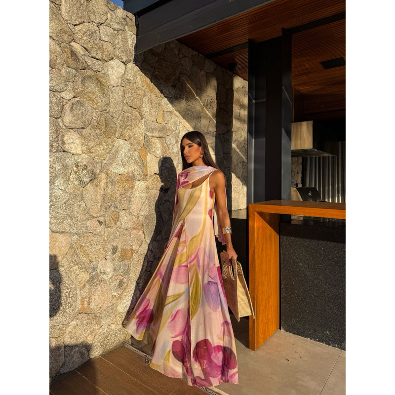 Athenas - Vestido Midi Longo Festa Tule Fluido com Forro em Jersey
