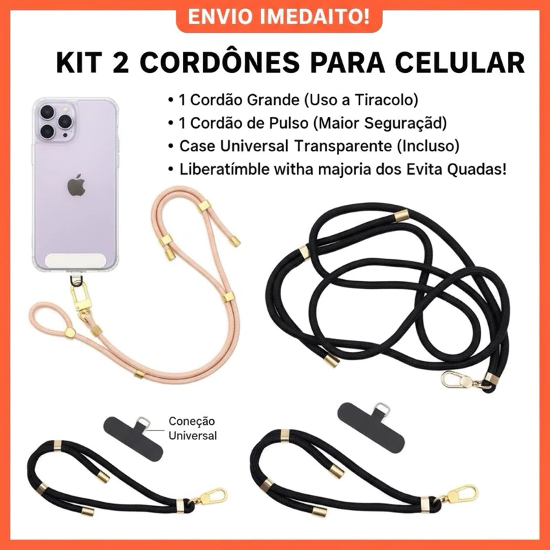Alça Conjunto com 2 Cordões para Celular 1 Pulso e 1 Pescoço Ajustável Antiperda de Segurança Universal para iPhone e An