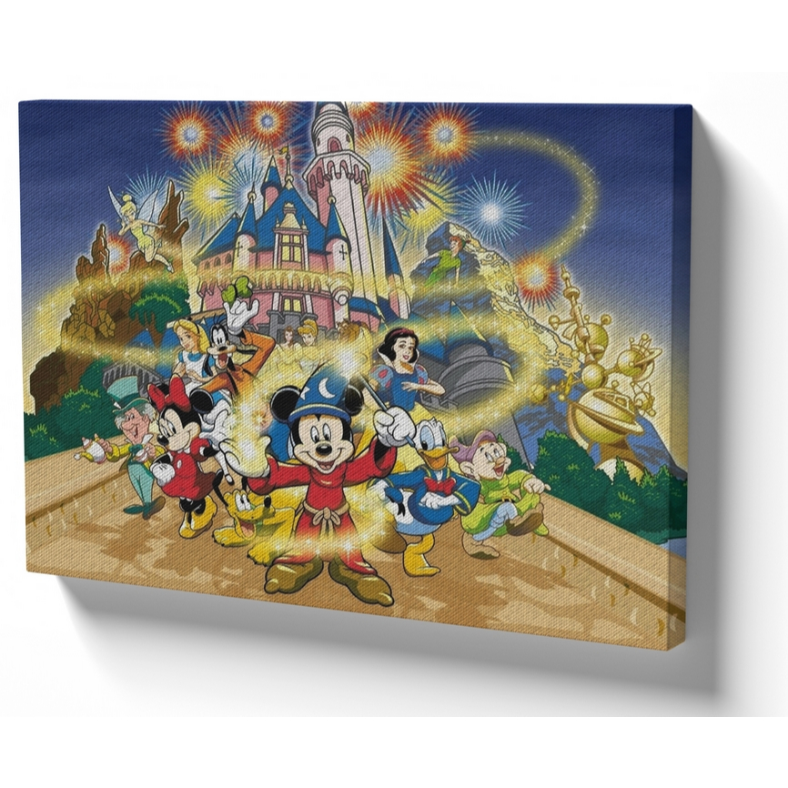 Quadro luxo tela 50x70 estrutura madeira castelo mickey pluto pateta pato donald