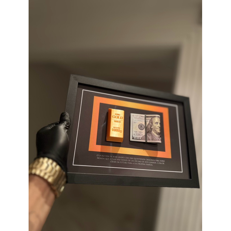 Quadro Decorativo visualização de Luxo - Riqueza Gold - Plaque de Dólar + Frase  de Riqueza em Oferta na Shopee