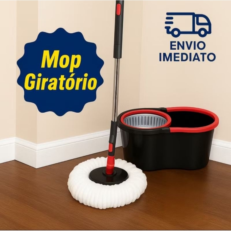 Mop Esfregão Giratório 13 Litros Plástico 360° com Refil Balde e Cesto de Inox Cabo de 140 cm em Oferta na Shopee