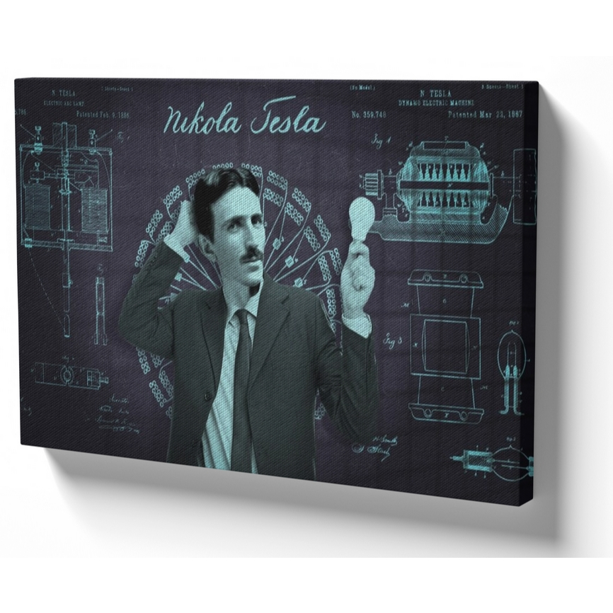 Quadro luxo tela 50x70 estrutura madeira Nikola Tesla lâmpada Elétrica Fisico