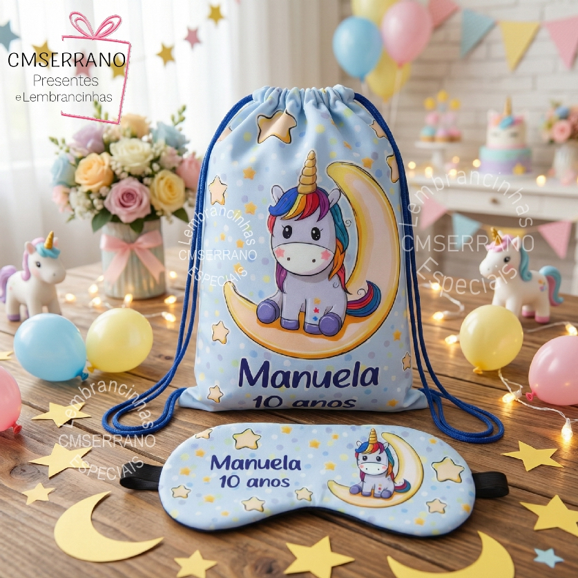 16 Kit Personalizado Mascara Dormir Tapa Olho Mochila Tecido 30 x 21 cm Lembrancinha Festa do Pijama