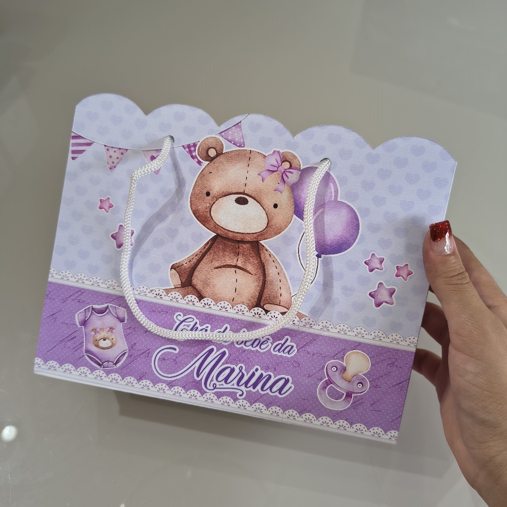 Sacola G chá de bebê Ursinha lilás Personalizada vai montada para Lembrancinha/ chá de fraldas/ chá revelação
