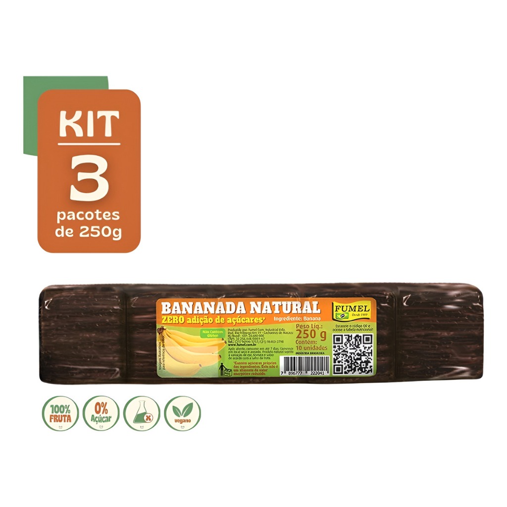 Kit Com 3 Bananadas Zero Açúcar Fumel 250g Cada 30 Tabletes