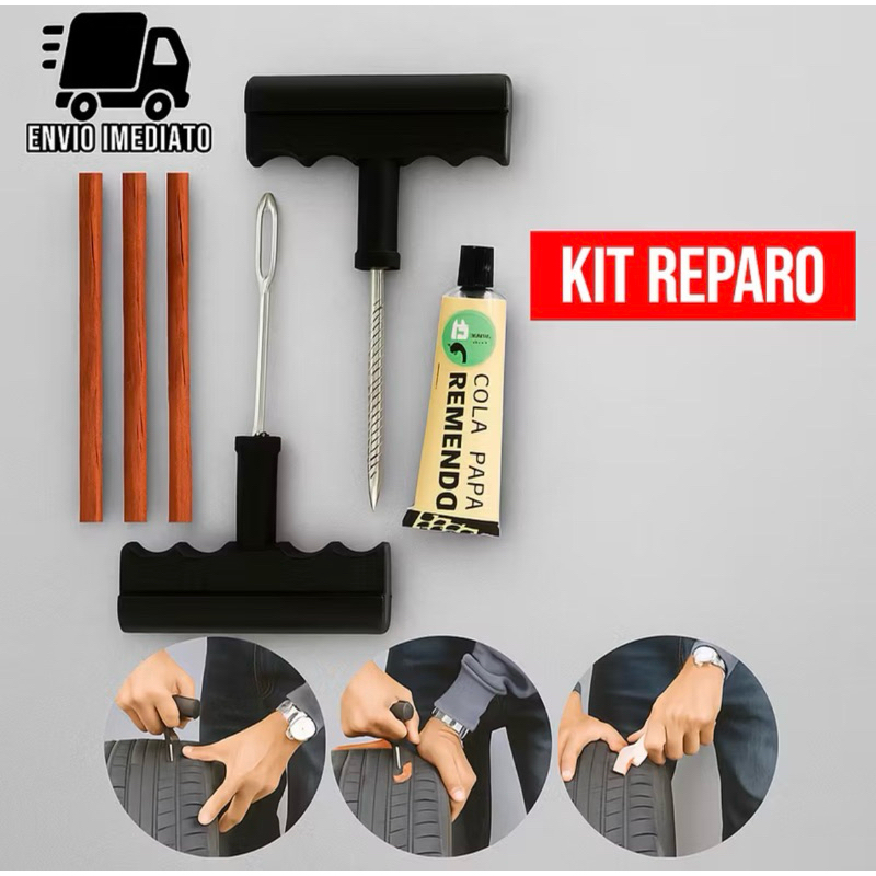Kit Reparo Pneu sem Camara para Carro e Moto + 20 Refil Selante Macarrão Remendo