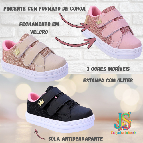 Tênis Infantil Menina Gliter Coroa Velcro Duplo em Oferta na Shopee