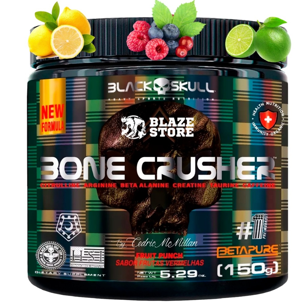 Pré Treino Bone Crusher 150g Black Skull - Cafeína, Arginina, Taurina, Creatina e Beta-Alanina em Oferta na Shopee
