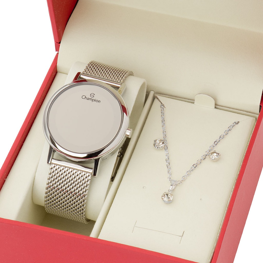 Relógio Feminino Champion Prata Led Digital Kit Colar e Brincos CH40179S em Oferta na Shopee