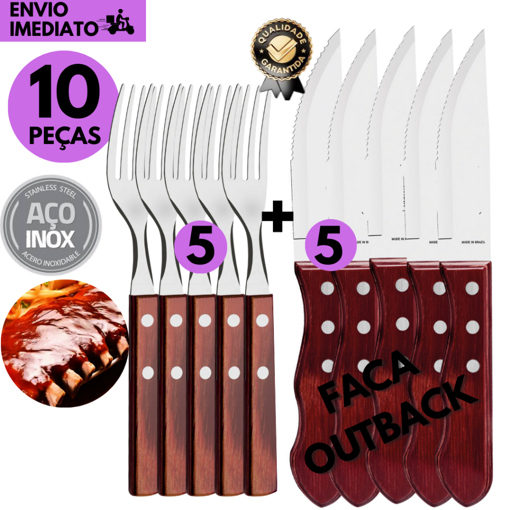 Kits 10/16 ou 24 Peças Facas Jumbo tipo Outback + Garfos Inox Cabo de Madeira Tradicicional p/churra
