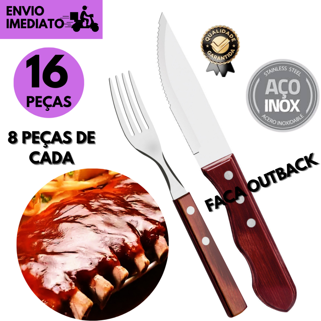 Kits 16 ou 8 peças Talheres Churrasco Faca Jumbo Outback + Garfo Cabo de Madeira p/ Churrasco