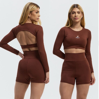 Conjunto Academia Short Top Manga Longa Cropped Costa Aberta Roupa de Academia Treino Corrida em Oferta na Shopee
