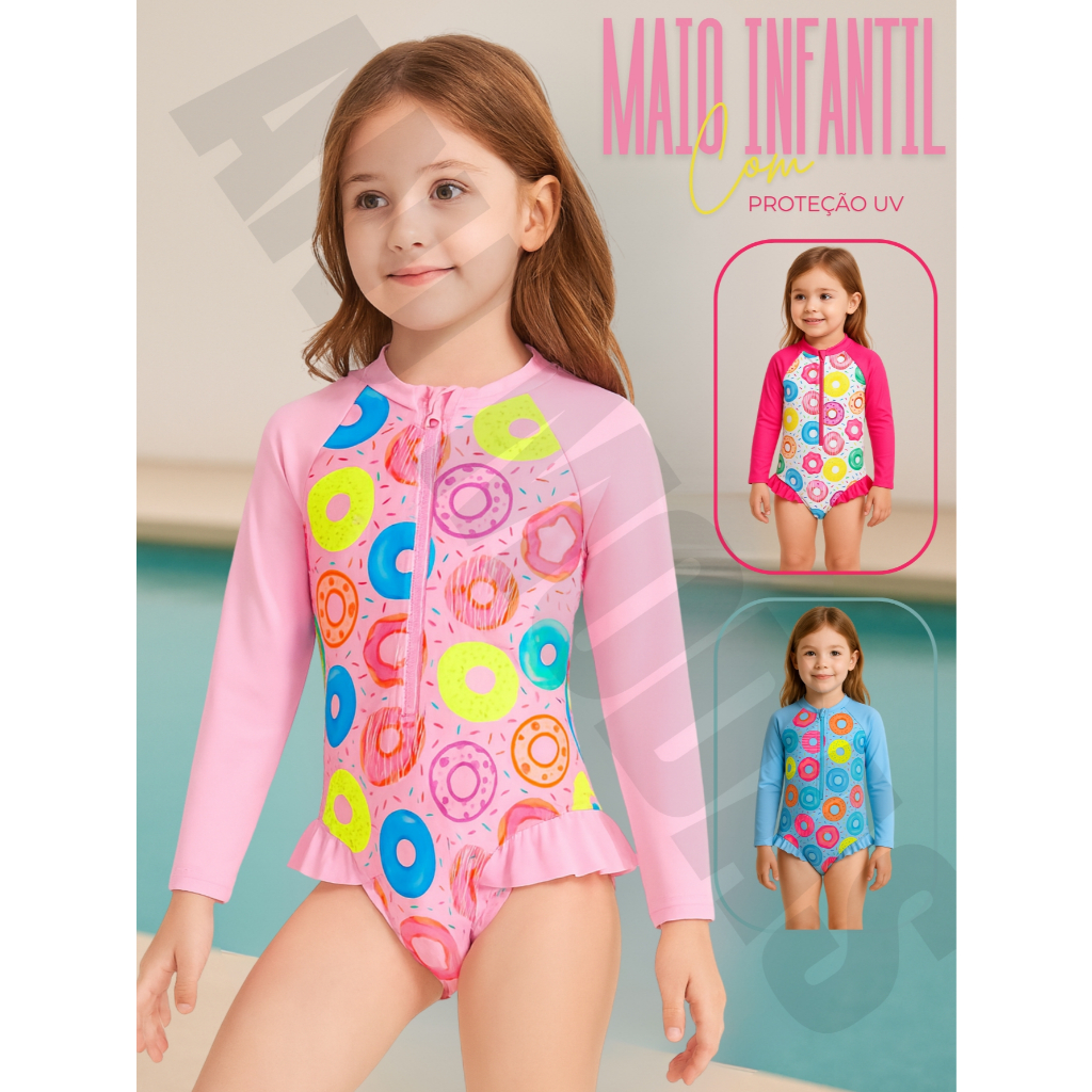 Maiô Infantil Manga Longa Menina Infantil Bebe Proteção Solar Uv 50 Maio Moda Praia