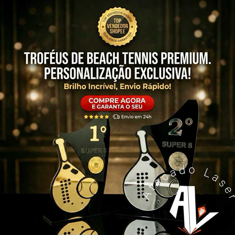 Troféu Beach Tennis Premium Personalizado – Acrílico Espelhado 1º 2º 3º Lugar – Modelo Exclusivo para Torneios e Eventos