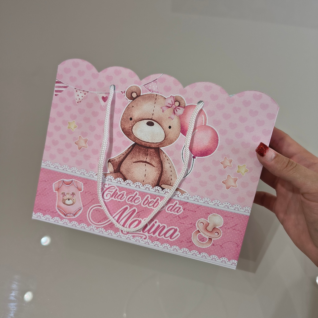 Sacola G chá de bebê Ursinha rosa Personalizada vai montada para Lembrancinha/ chá de fraldas/ chá revelação