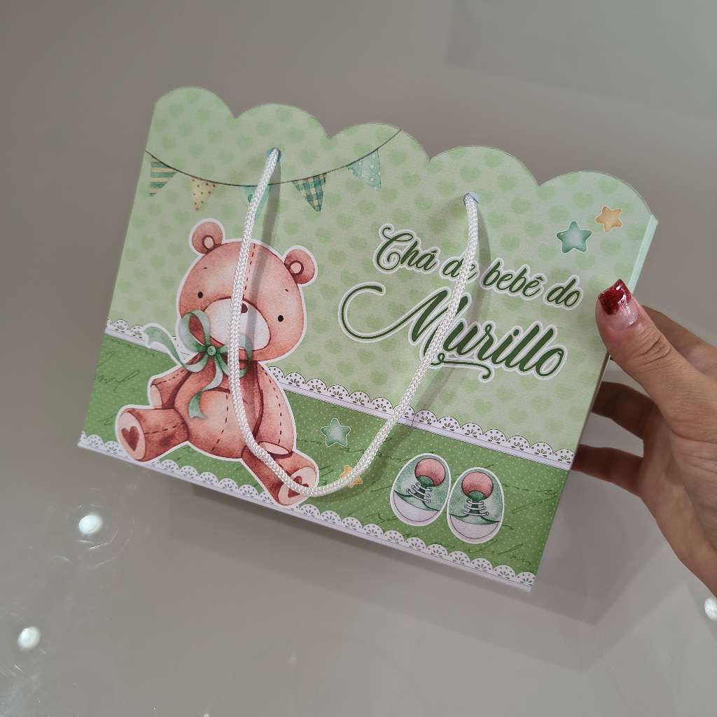 Sacola G chá de bebê Ursinho verde Personalizado vai montada para Lembrancinha/ chá de fraldas/ chá revelação