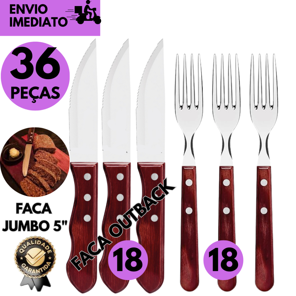Kits 36/24/16 ou 10 Peças p/ Churrasco Facas Inox Cabo de Madeira Jumbo + Garfos Cabo de Madeira