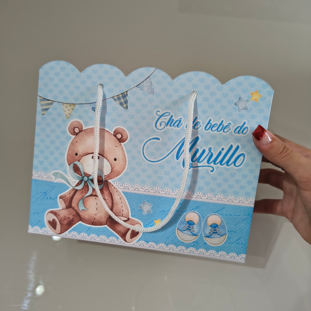 Sacola G chá de bebê Ursinho azul Personalizada vai montada para Lembrancinha/ chá de fraldas/ chá revelação