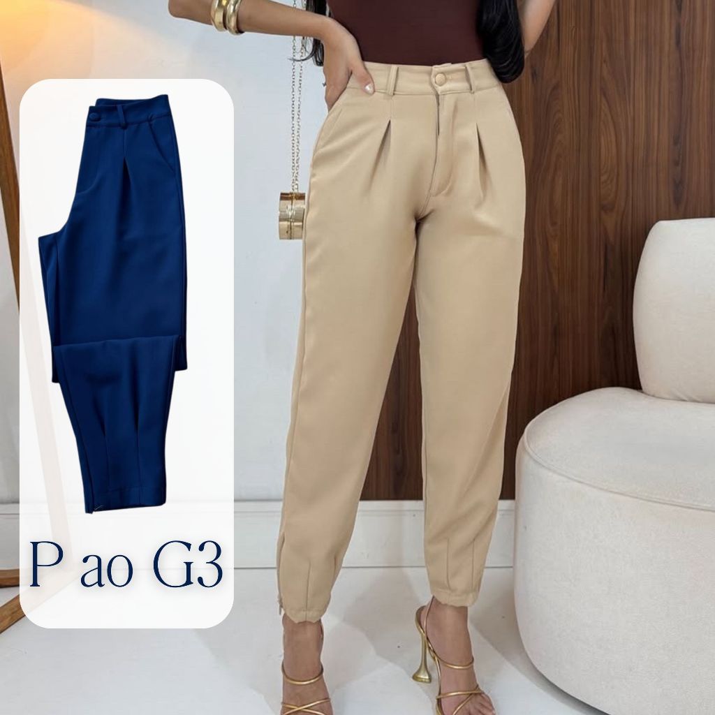 Calça Cenoura Feminina com Bolso e Pence, Alfaiataria Premium | Oferta Plus Size P ao G3