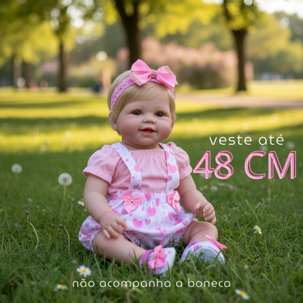 Kit Roupinha Bebê Reborn Jardineira + Sapato + Tiara