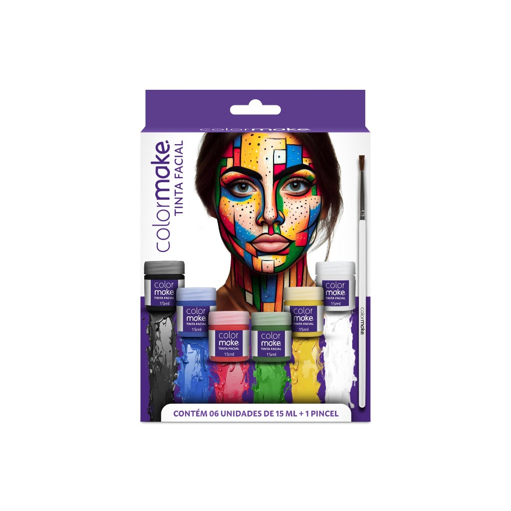 Kit Tinta Facial Líquida Colormake 6 Cores 15ml + Pincel – Maquiagem Artística, Festas, Eventos, Carnaval