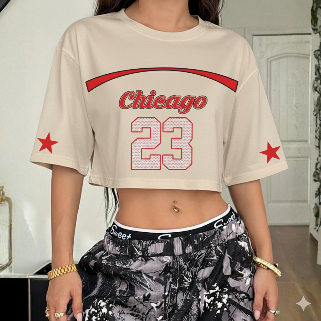Camiseta Cropped Larguinho de Manga Curta Estampa Chicago Tendência Gringa Número 23 e Estrela Streetwear em Oferta na Shopee