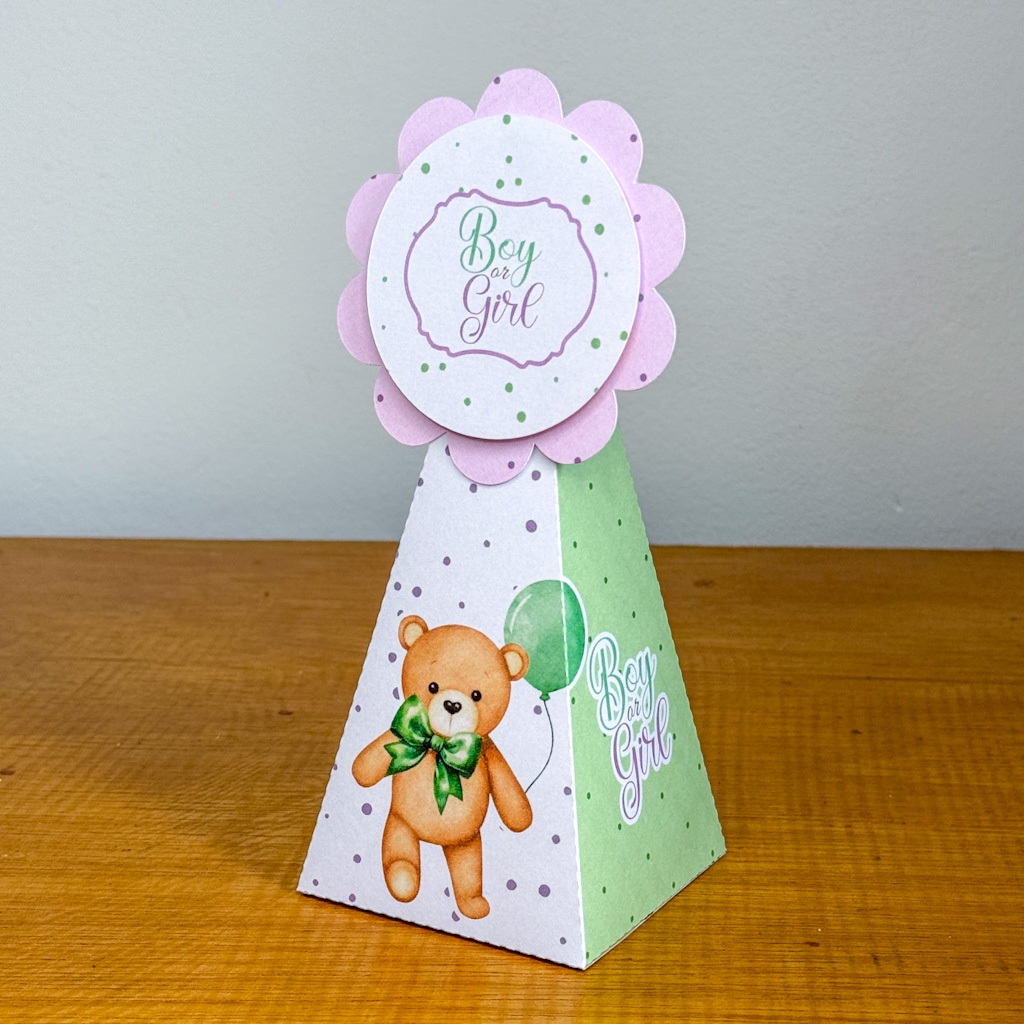 Caixinha Cone Piramide Chá Revelação Verde e Lilás para Lembrancinha para Festa Personalizada Qualquer Tema