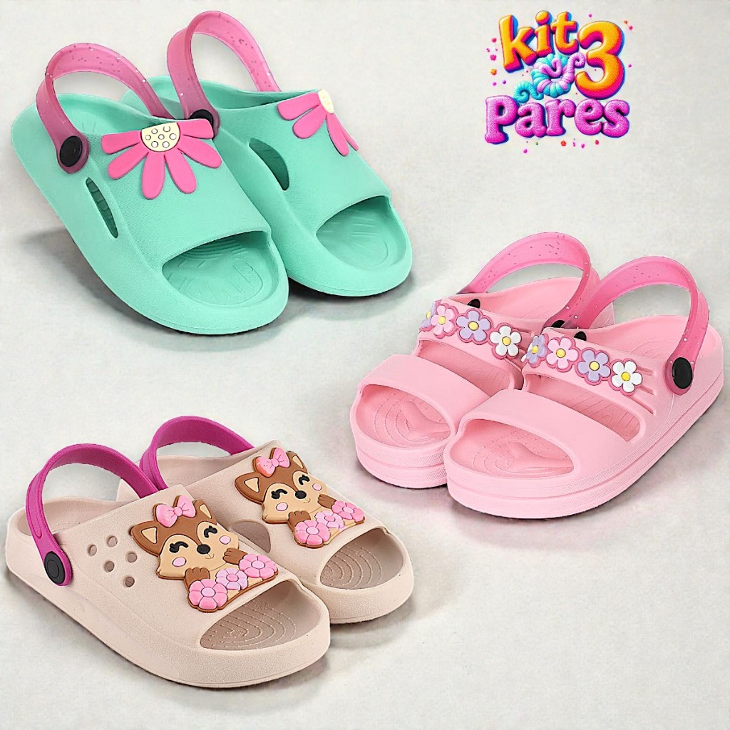 Kit 3 Pares Sandália Papete Infantil Menina