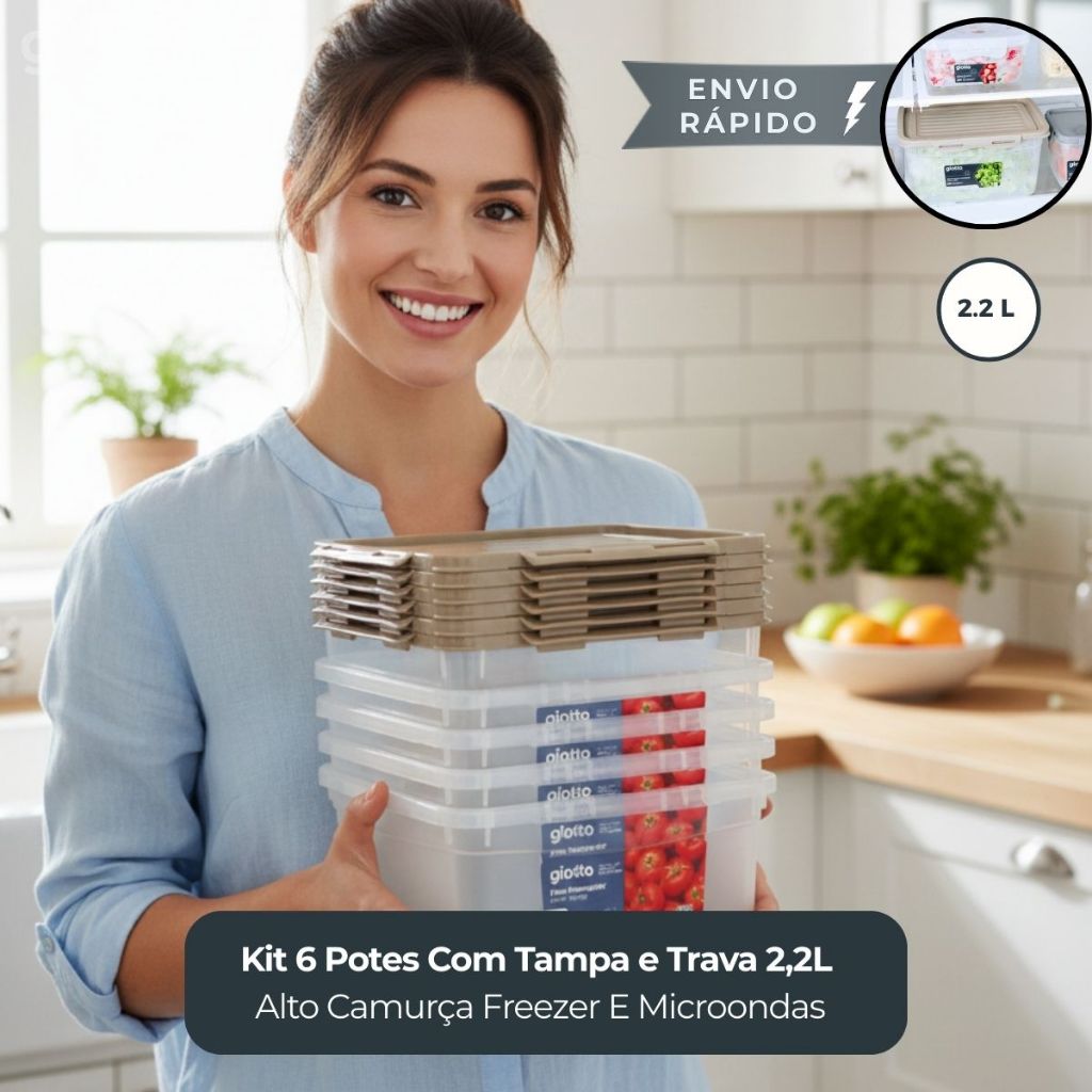 Kit 6 Potes Com Tampa e Trava 2,2L Alto Camurça Freezer E Microondas Marmitas Fitness Giotto