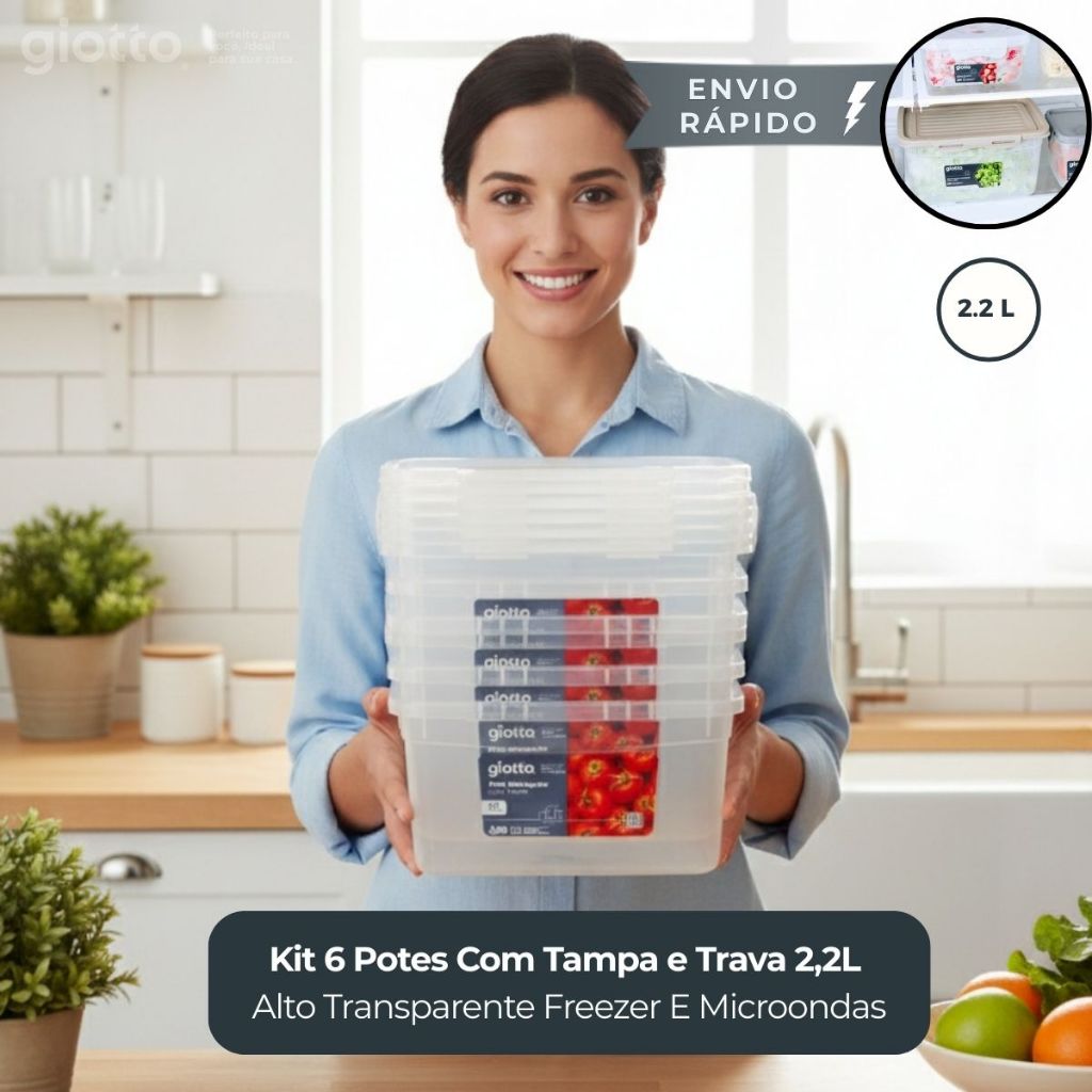 Imagem Kit 6 Potes Marmitas Fitness Com Tampa e Trava 2,2L Alto Transparente Freezer E Microondas Giotto