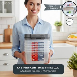Kit 6 Potes Com Tampa e Trava 2,2L Alto Cinza Freezer E Microondas Marmitas Fitness Giotto em Oferta na Shopee