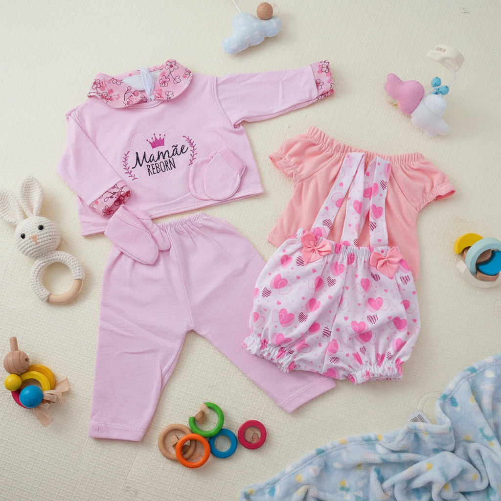 Kit Roupinha Bebê Reborn Boneca Jardineira + Pijama 5 Peças em Oferta na Shopee