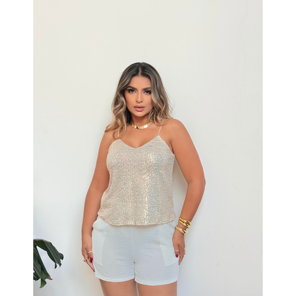 Blusa Regata Alcinha Paête Com Brilho Balada Festa Feminina Elegante Soltinha Verão Decote V Moda