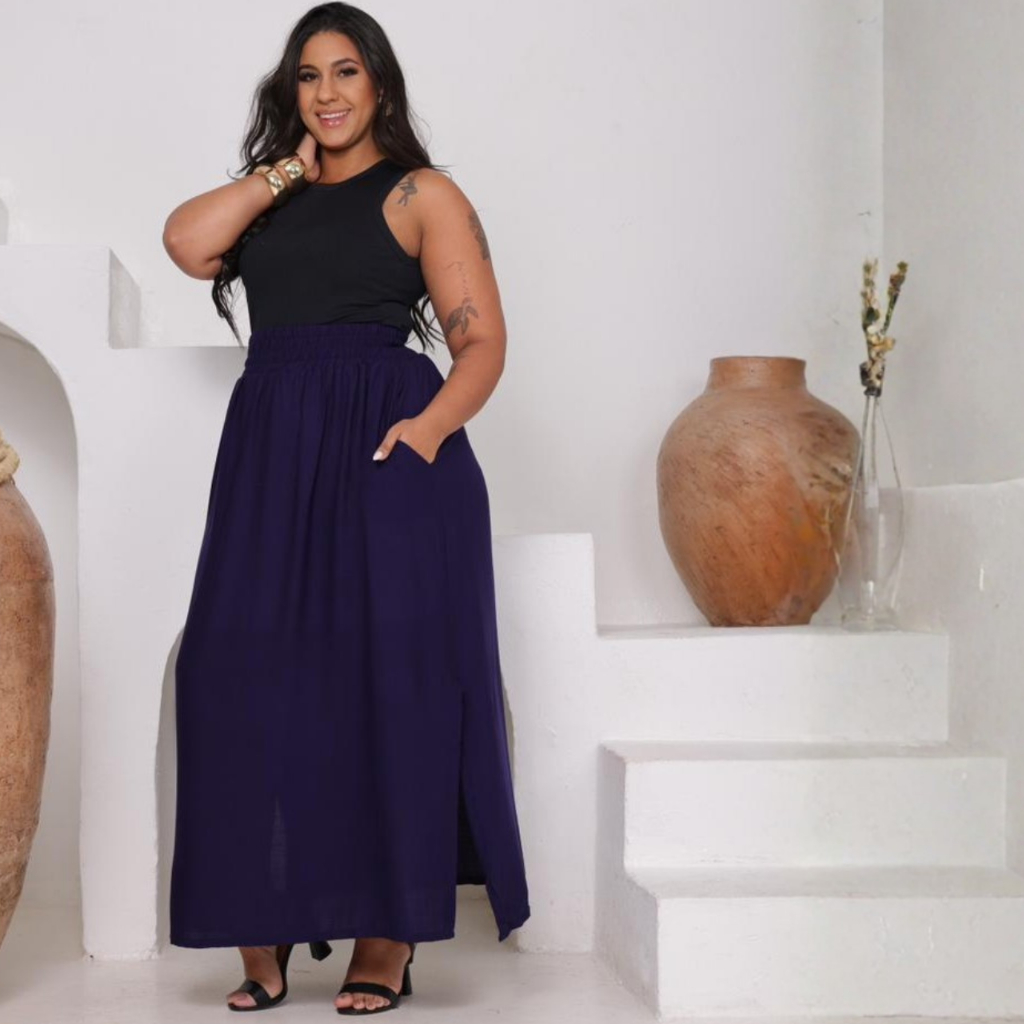 Saia Longa Viscolinho Com Bolsos Com Fenda Lateral Forrada Moda Casual GG G1 G2