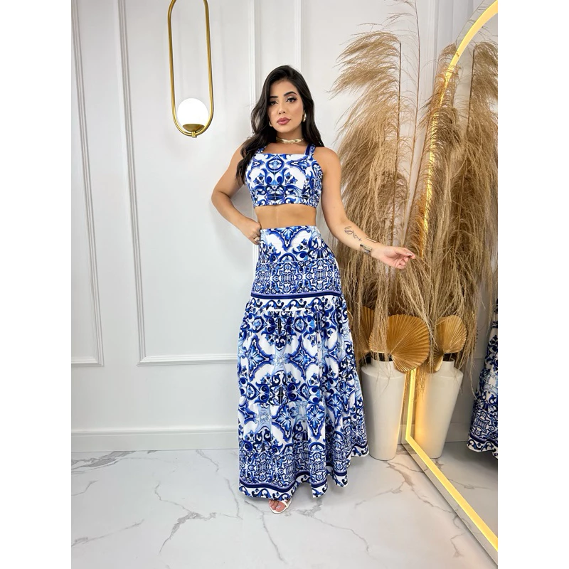Conjunto Estampa Grécia – Top com alça + Saia Longa 2 em 1 – Moda Verão Praia — imagem 1