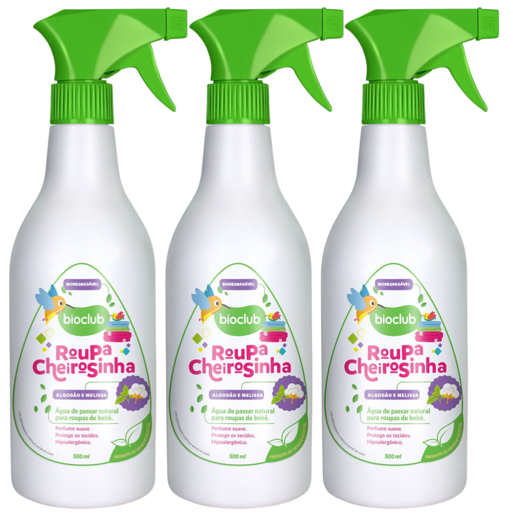 Kit 3 Água de Cheiro de Passar - Roupa Cheirosinha Cheirinho de Flor Algodão e Melissa Bioclub 500ml
